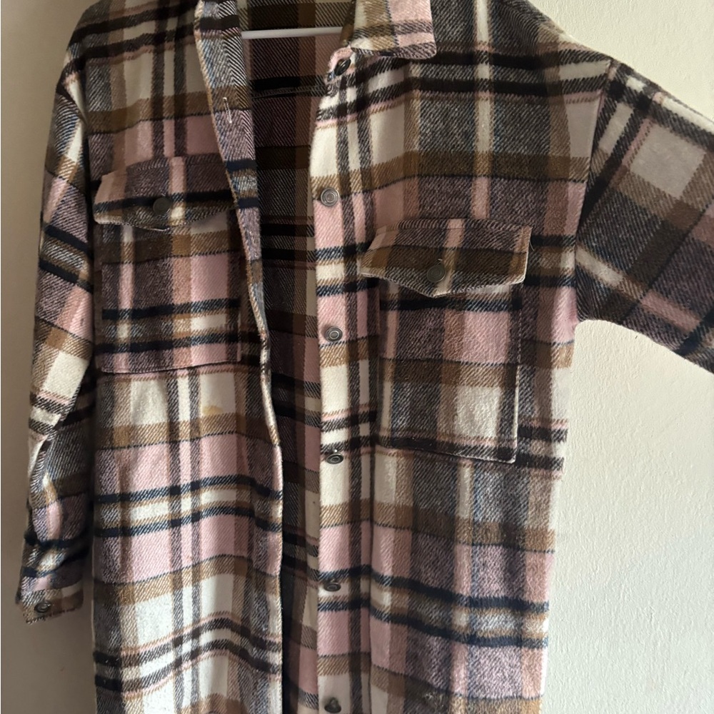 Fashion Nova Pink Plaid Shacket with Brown and Cream